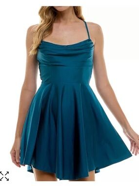 City Studio Draped Sleeveless Satin Party Blue Pit and Flare Mini Dress